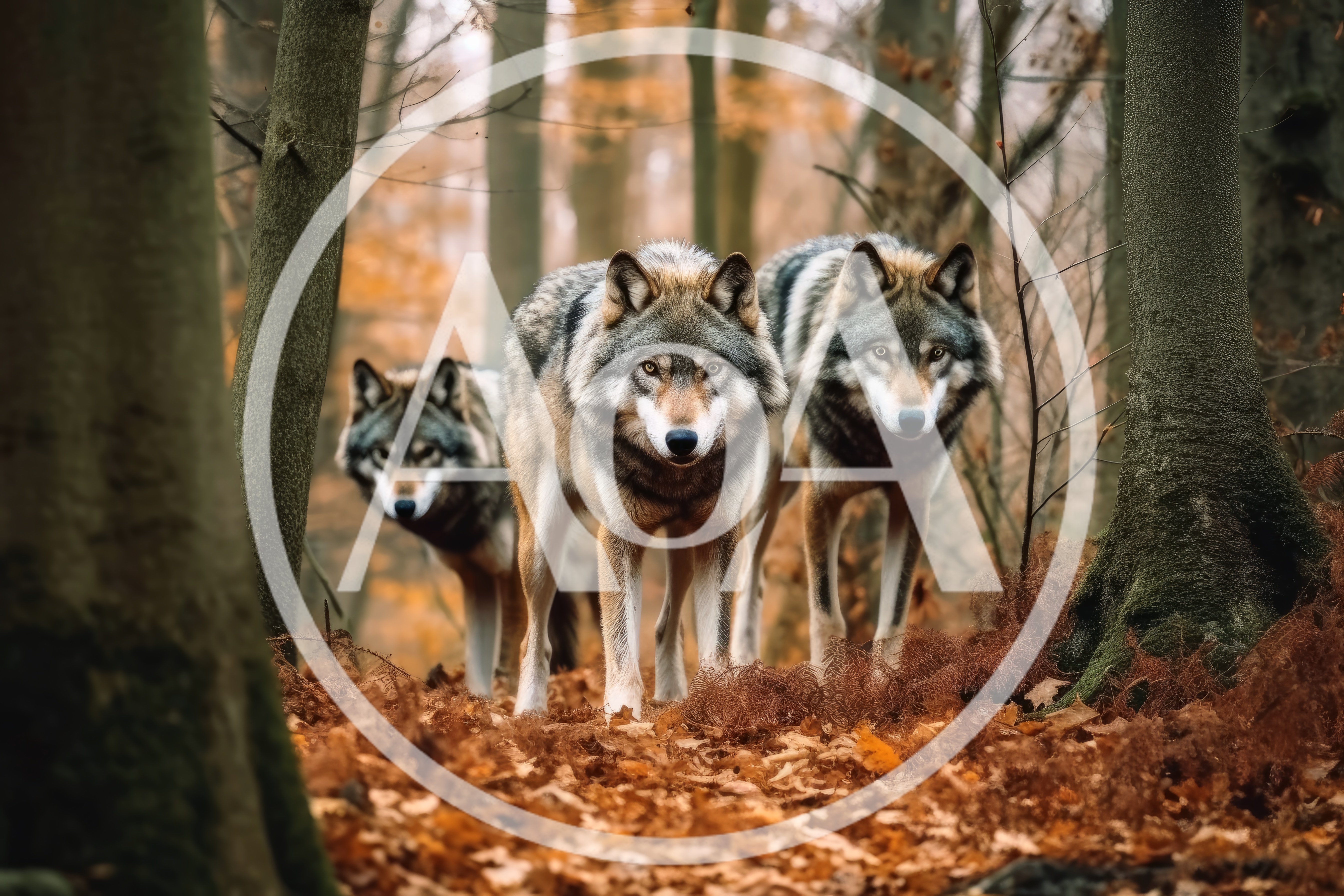 Three Gray Wolves Standing In An Autumn Forest