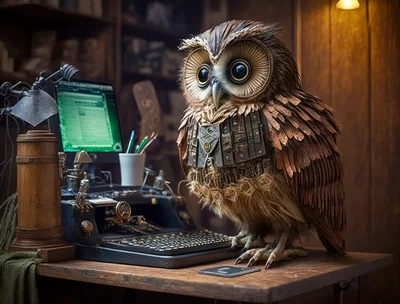 Steampunk Owl Working At A Vintage Desk