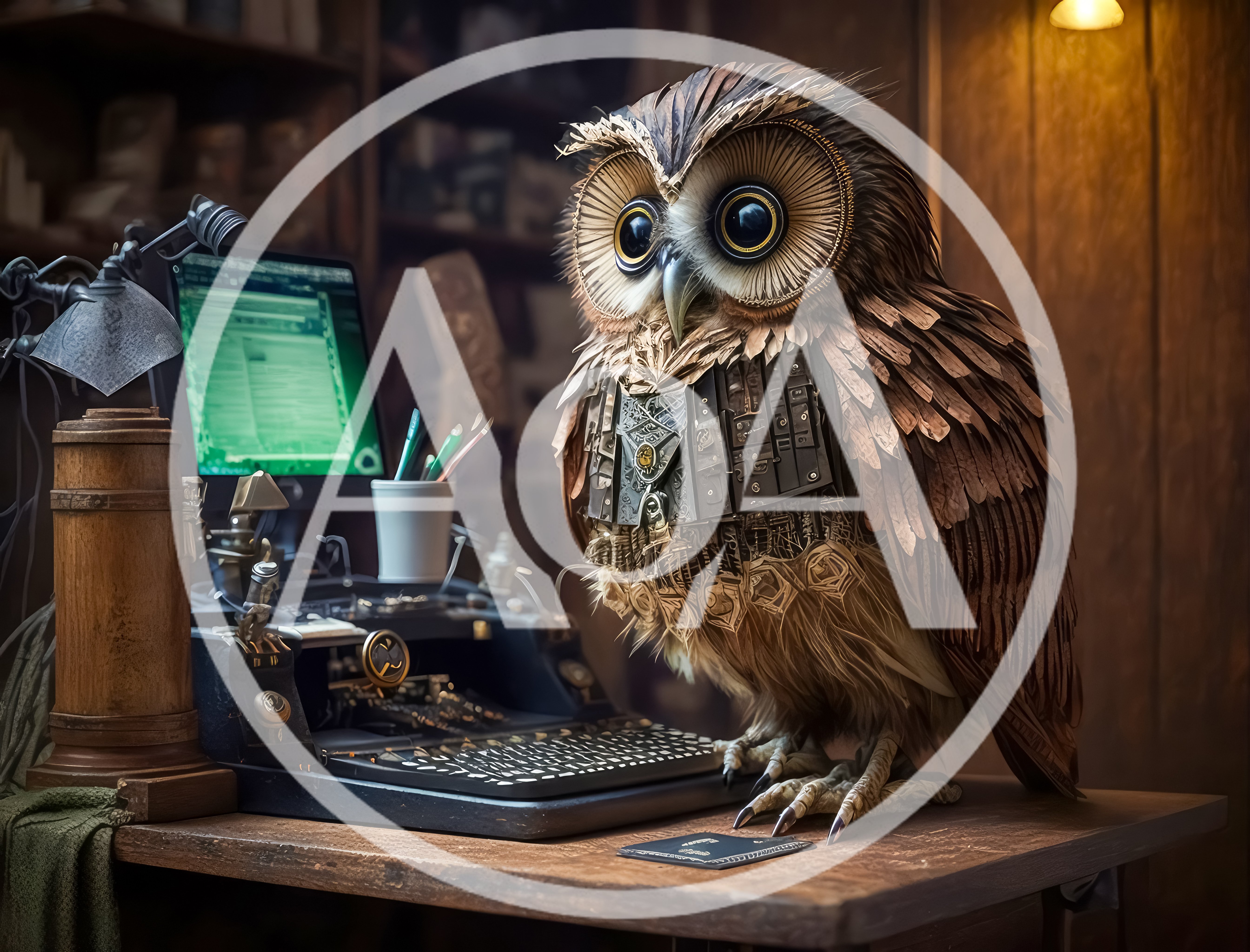 Steampunk Owl Working At A Vintage Desk