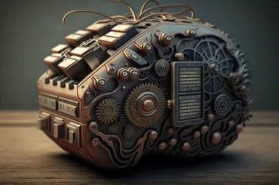 Steampunk Mechanical Brain Sculpture on Wooden Surface