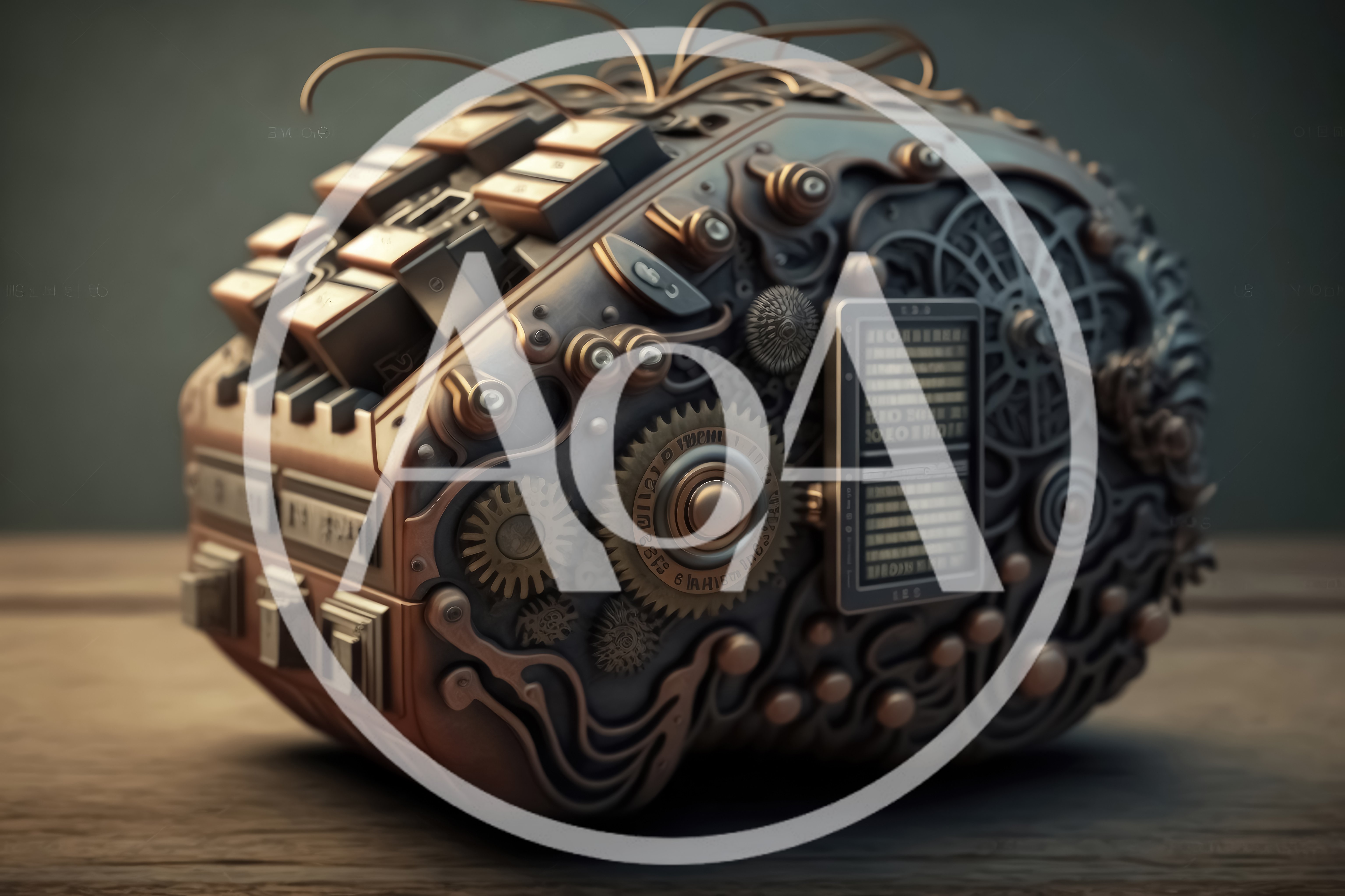 Steampunk Mechanical Brain Sculpture on Wooden Surface