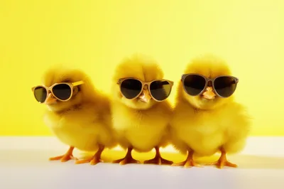 Three Cute Yellow Chicks Wearing Sunglasses