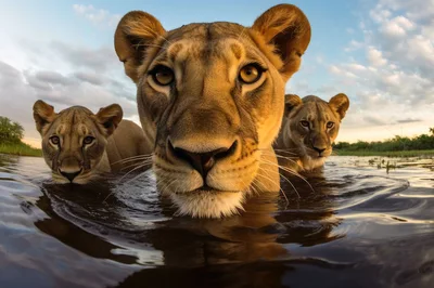 Three Lions Wading Through Shallow Water