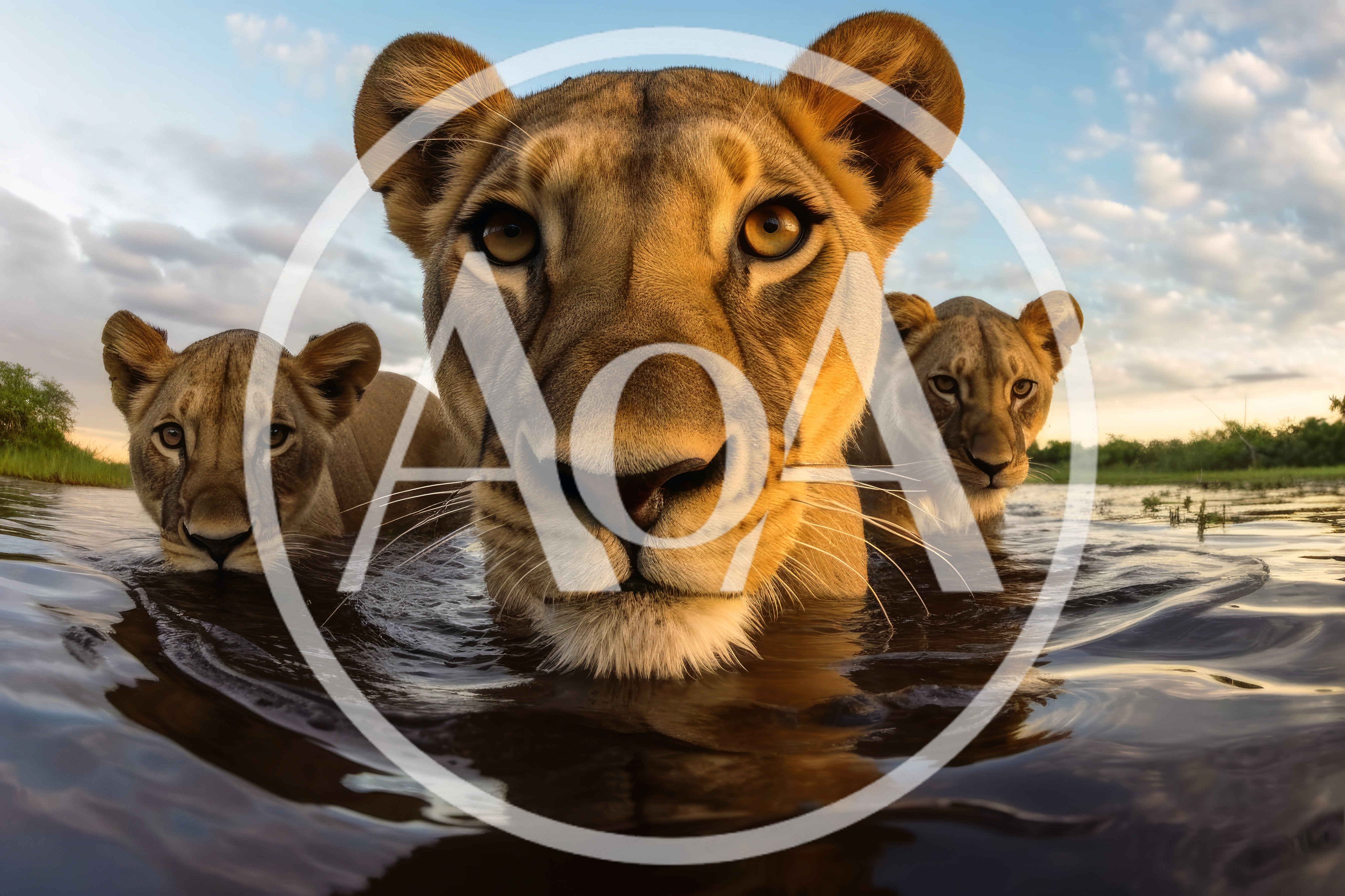 Three Lions Wading Through Shallow Water