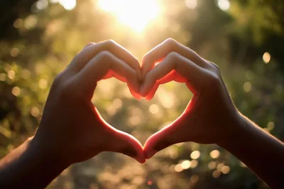 Hands Forming A Heart Shape Against Golden Sunset
