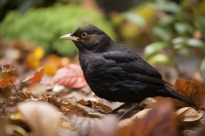 Common Blackbird Standing Among Autumn Leaves