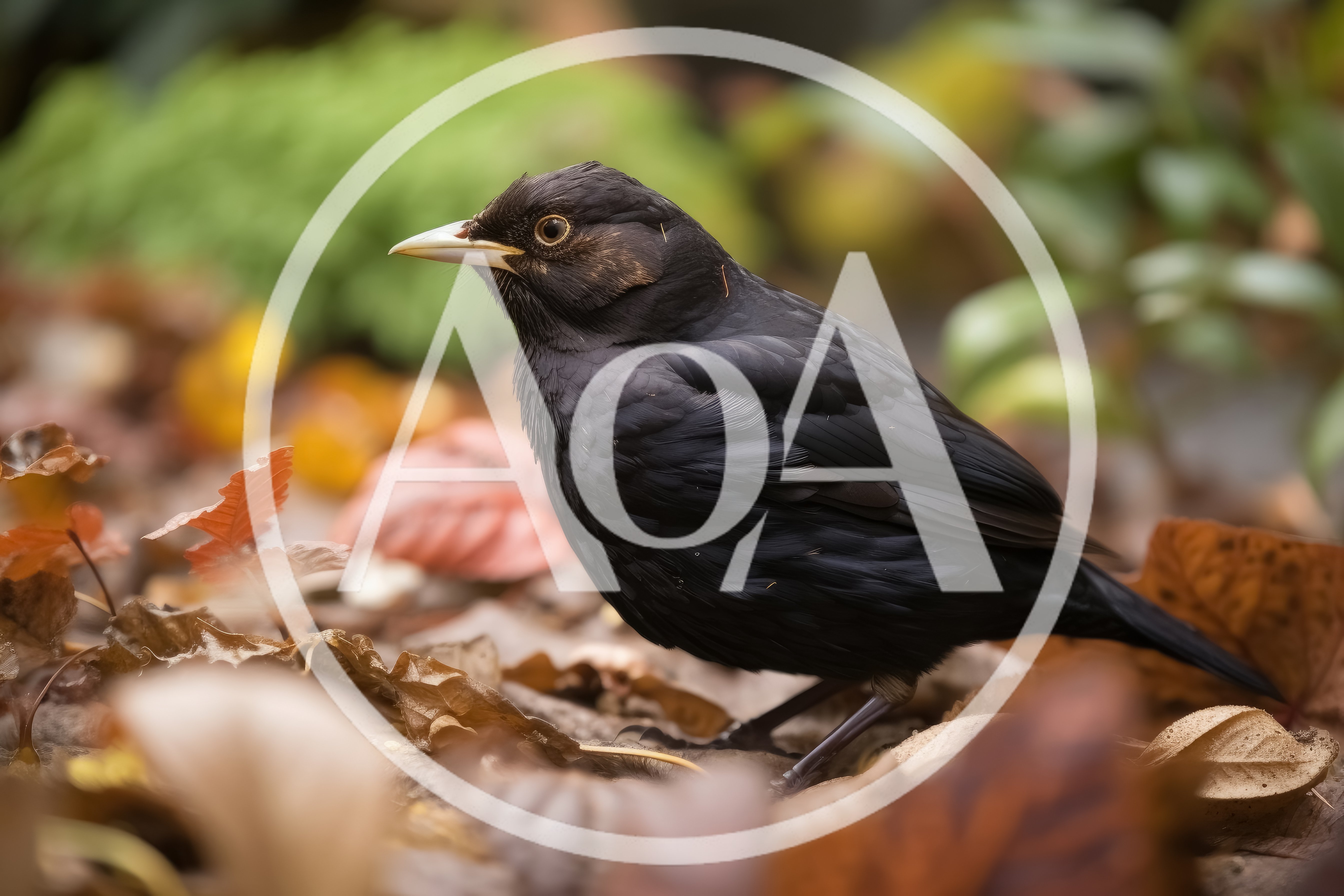 Common Blackbird Standing Among Autumn Leaves