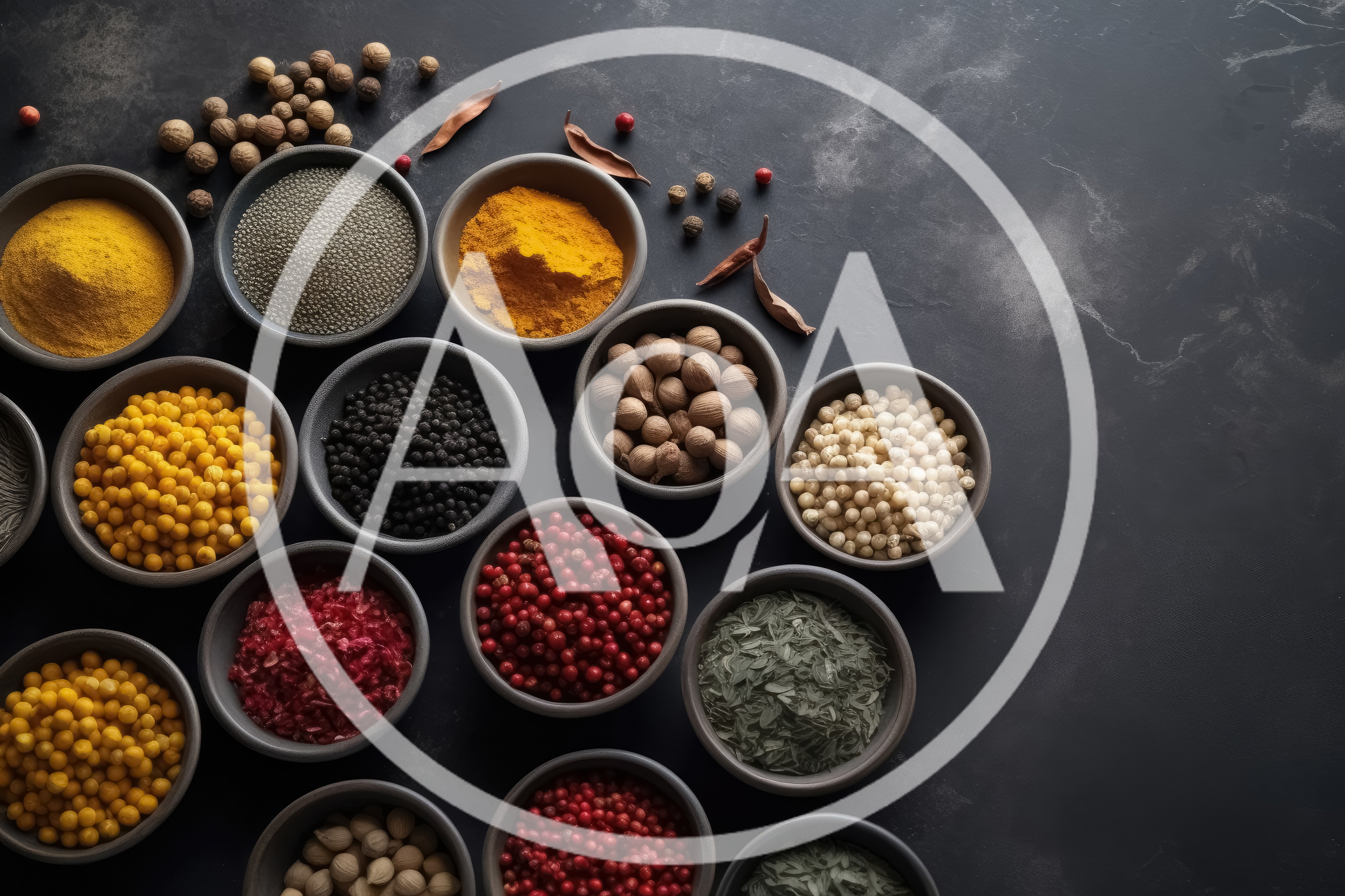 Assorted Spices And Herbs In Small Bowls