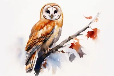 Watercolor Illustration Of A Barn Owl On A Branch