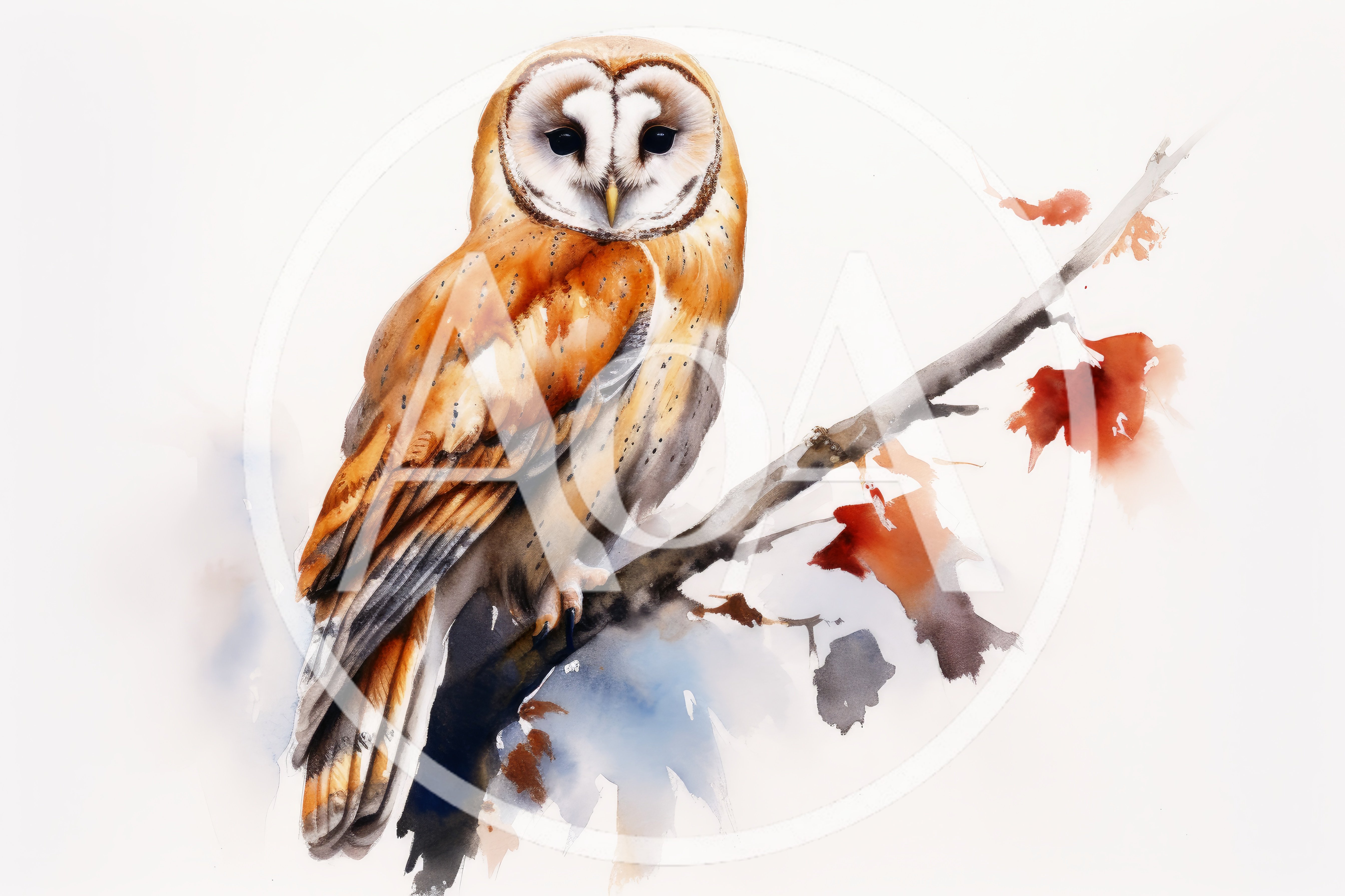 Watercolor Illustration Of A Barn Owl On A Branch