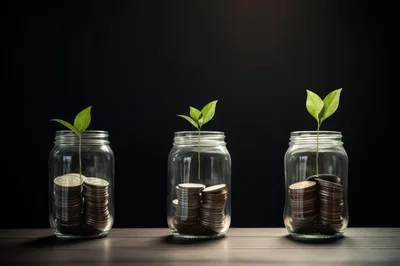 Three Glass Jars With Coins And Growing Green Plants