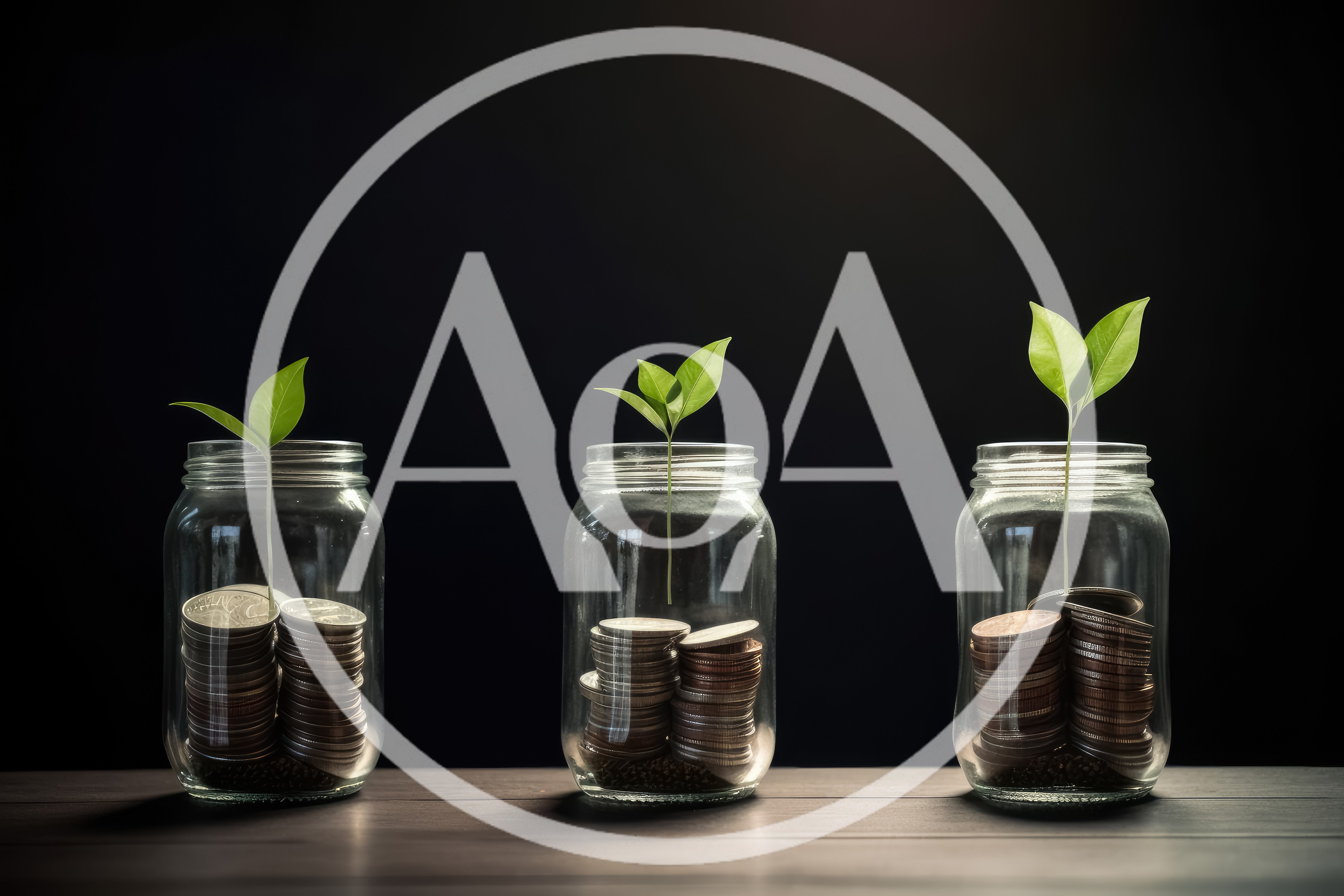 Three Glass Jars With Coins And Growing Green Plants
