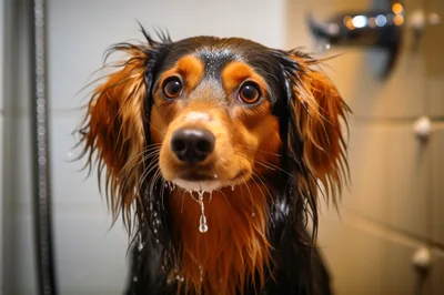 Wet Dog Taking A Bath In A Shower