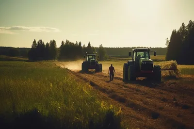 Farmer Walking Between Two Tractors In A Field