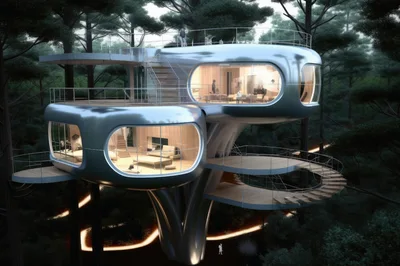 Futuristic Metallic Treehouse Architecture In A Dense Forest