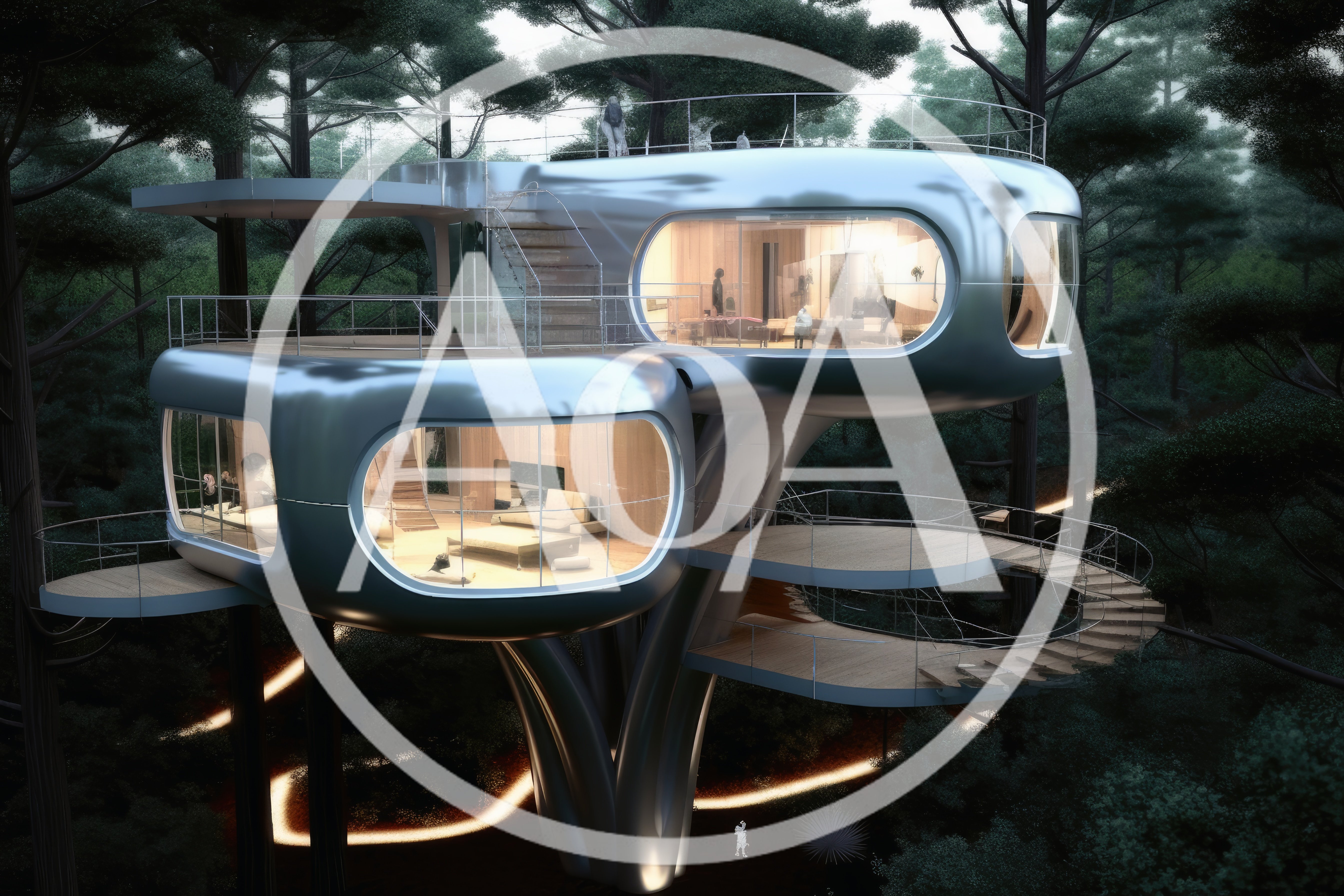 Futuristic Metallic Treehouse Architecture In A Dense Forest