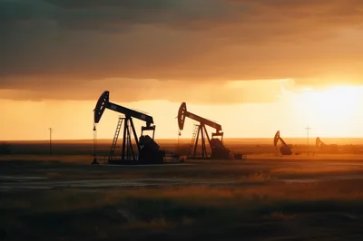 Oil Pump Jacks Operating At Sunset
