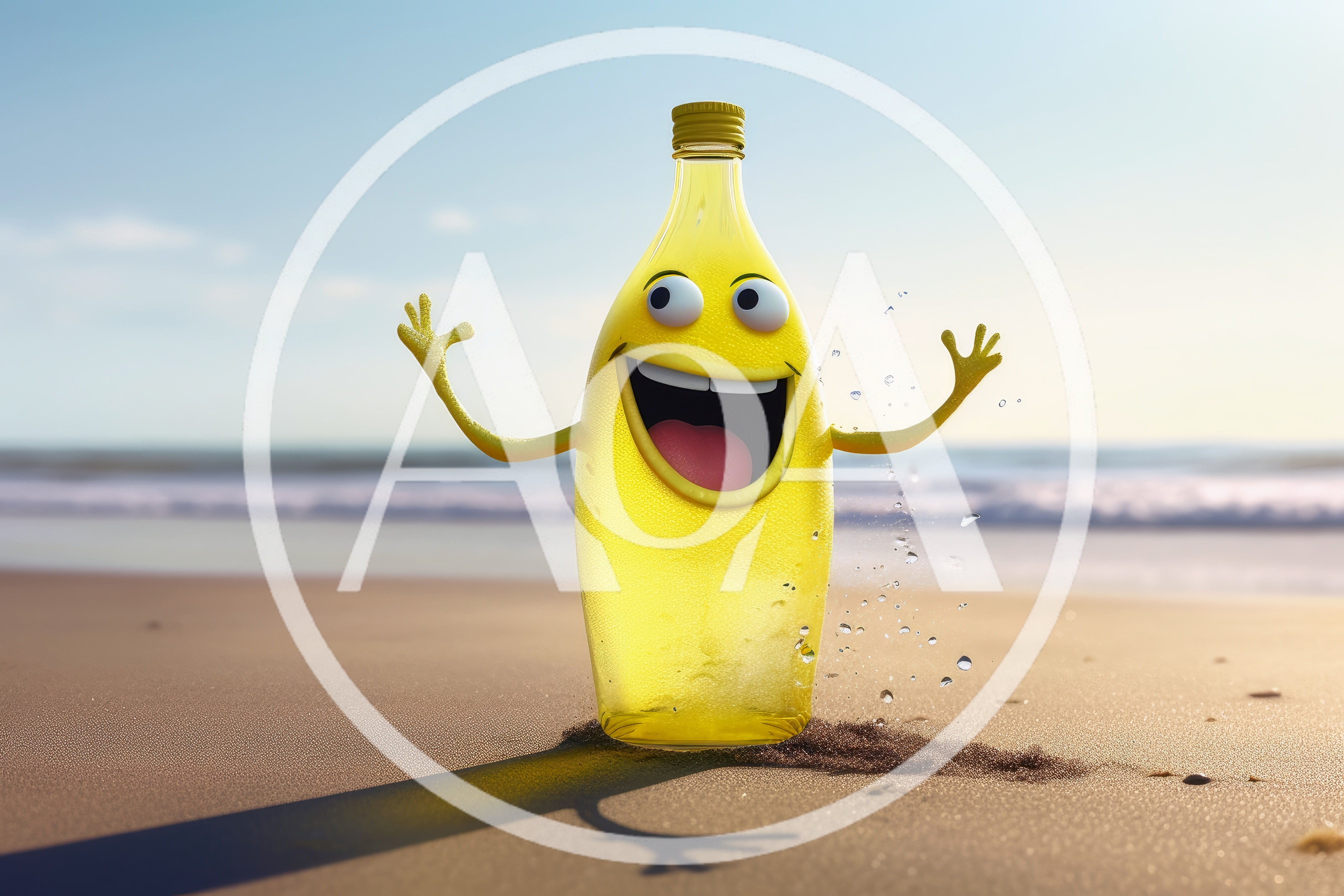 Animated Yellow Bottle Character On A Sunny Beach