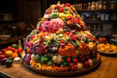 Large Decorative Pyramid Of Fresh Assorted Vegetables