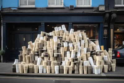 Massive Pile of Disposable Coffee Cups Outside Shop