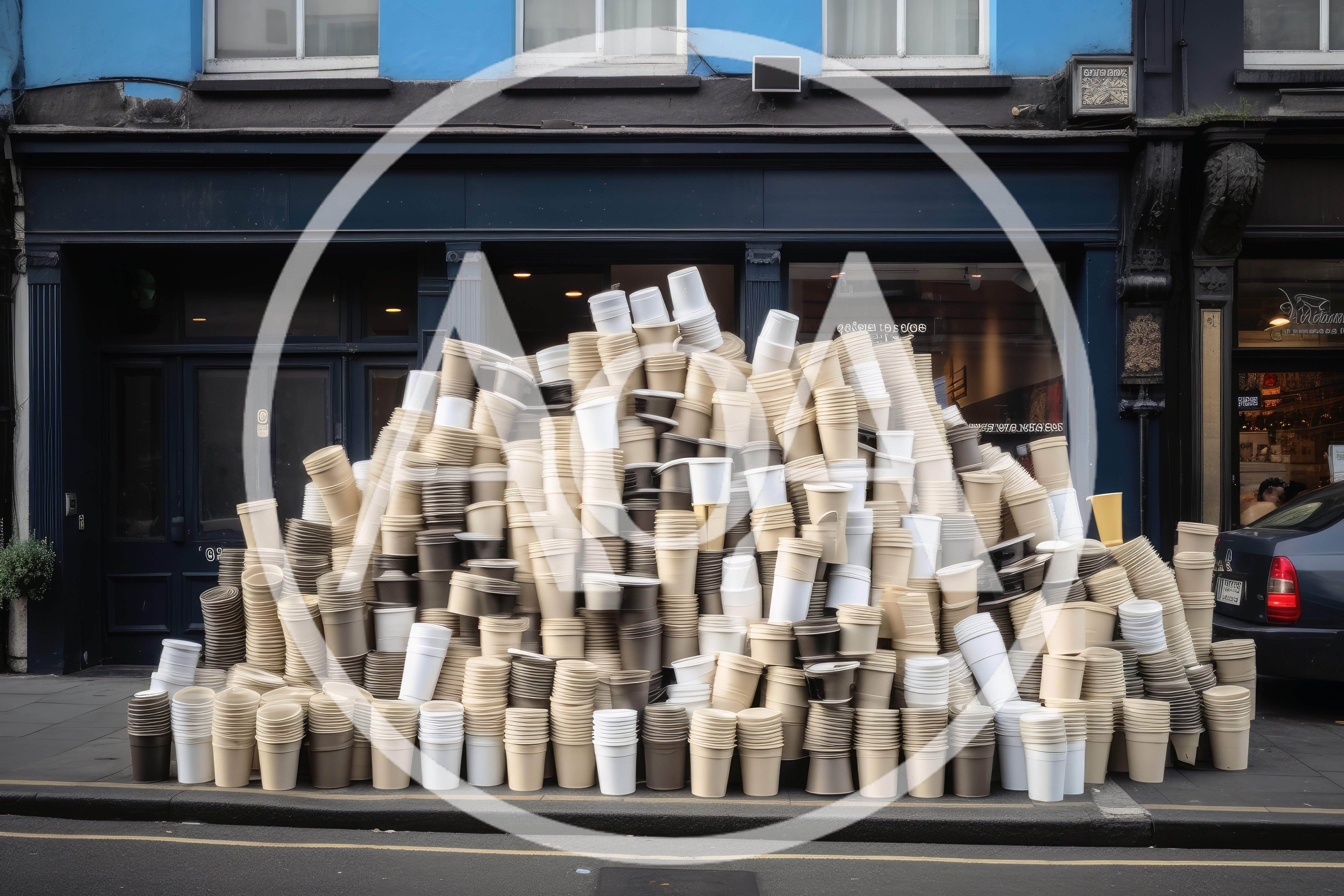 Massive Pile of Disposable Coffee Cups Outside Shop