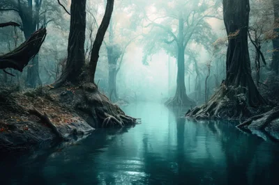 Misty Forest River With Ancient Cypress Trees