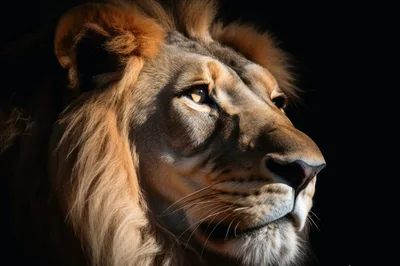 Majestic Male Lion Profile Portrait Against Black Background