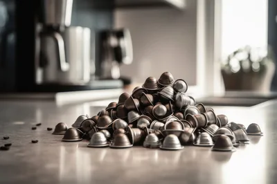 Pile Of Used Coffee Capsules On Kitchen Counter