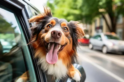 Happy Australian Shepherd Dog Leaning Out Car Window