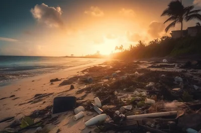 Polluted Tropical Beach Covered In Plastic Waste At Sunset