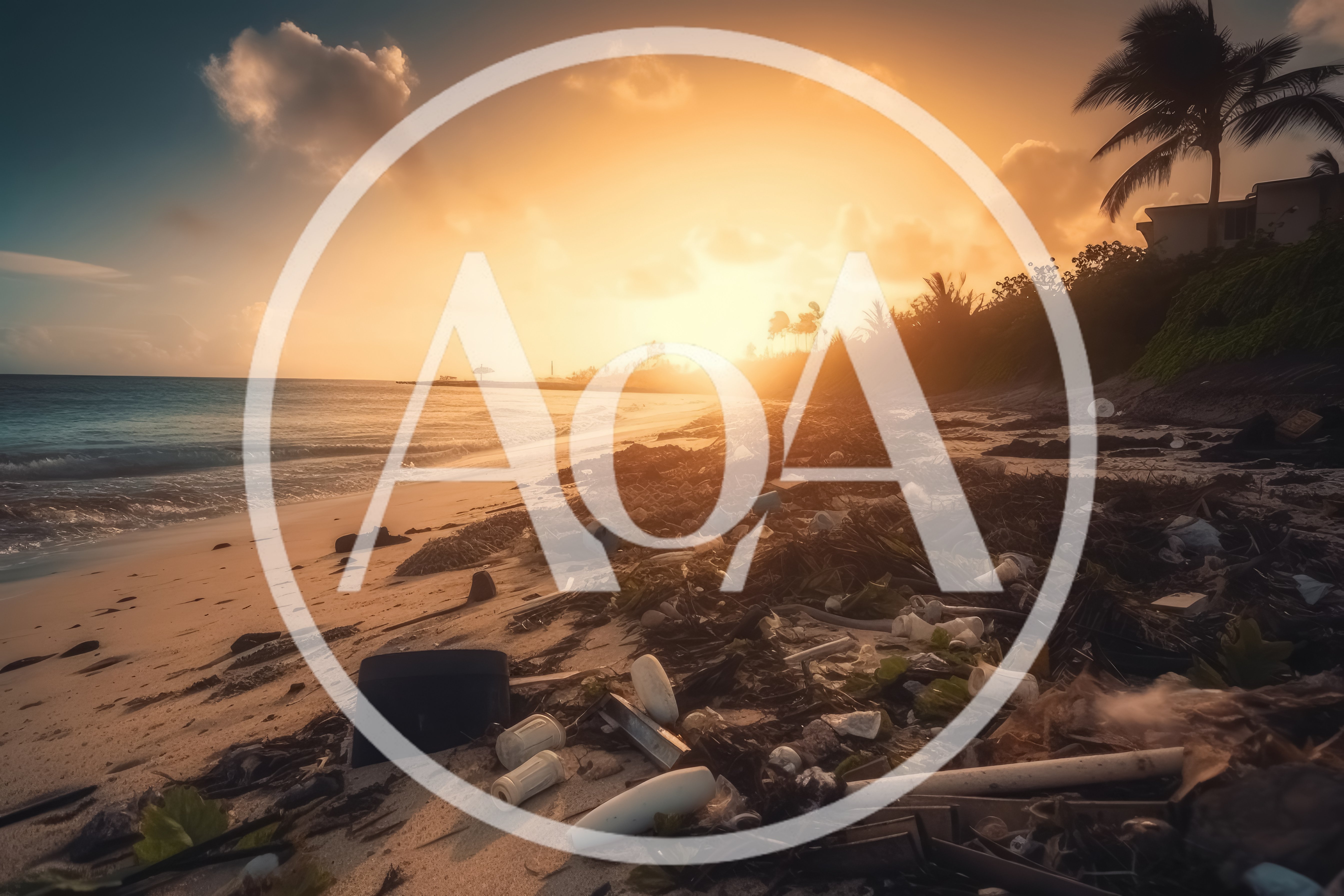 Polluted Tropical Beach Covered In Plastic Waste At Sunset