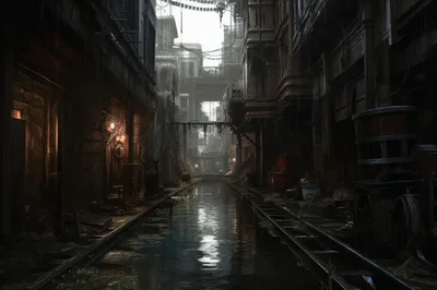 Dark Industrial Canal Street In A Dystopian City