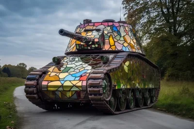 Stained Glass Mosaic Tank On A Country Road