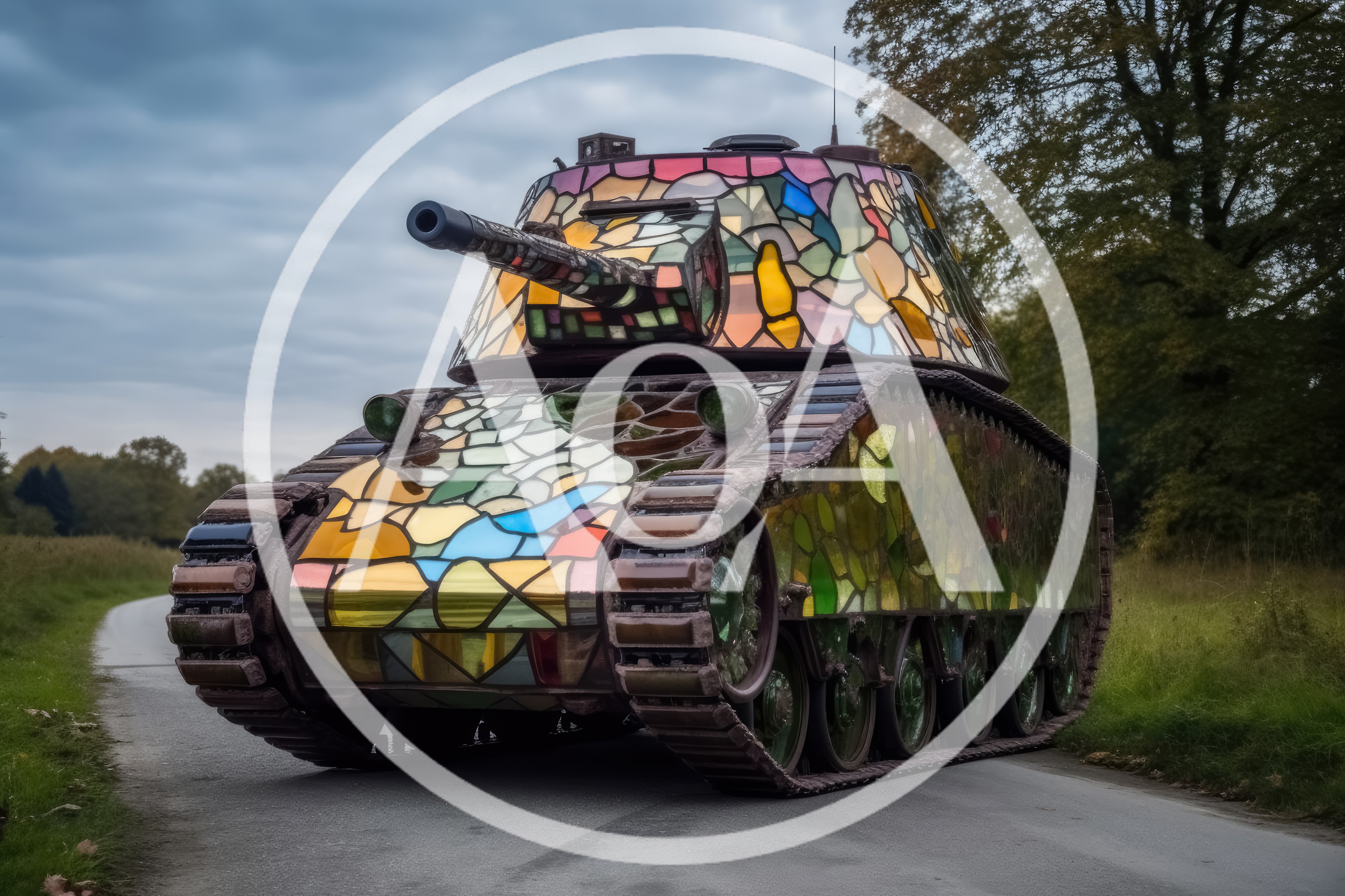 Stained Glass Mosaic Tank On A Country Road