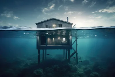 Surreal House Half Submerged In Deep Ocean Water