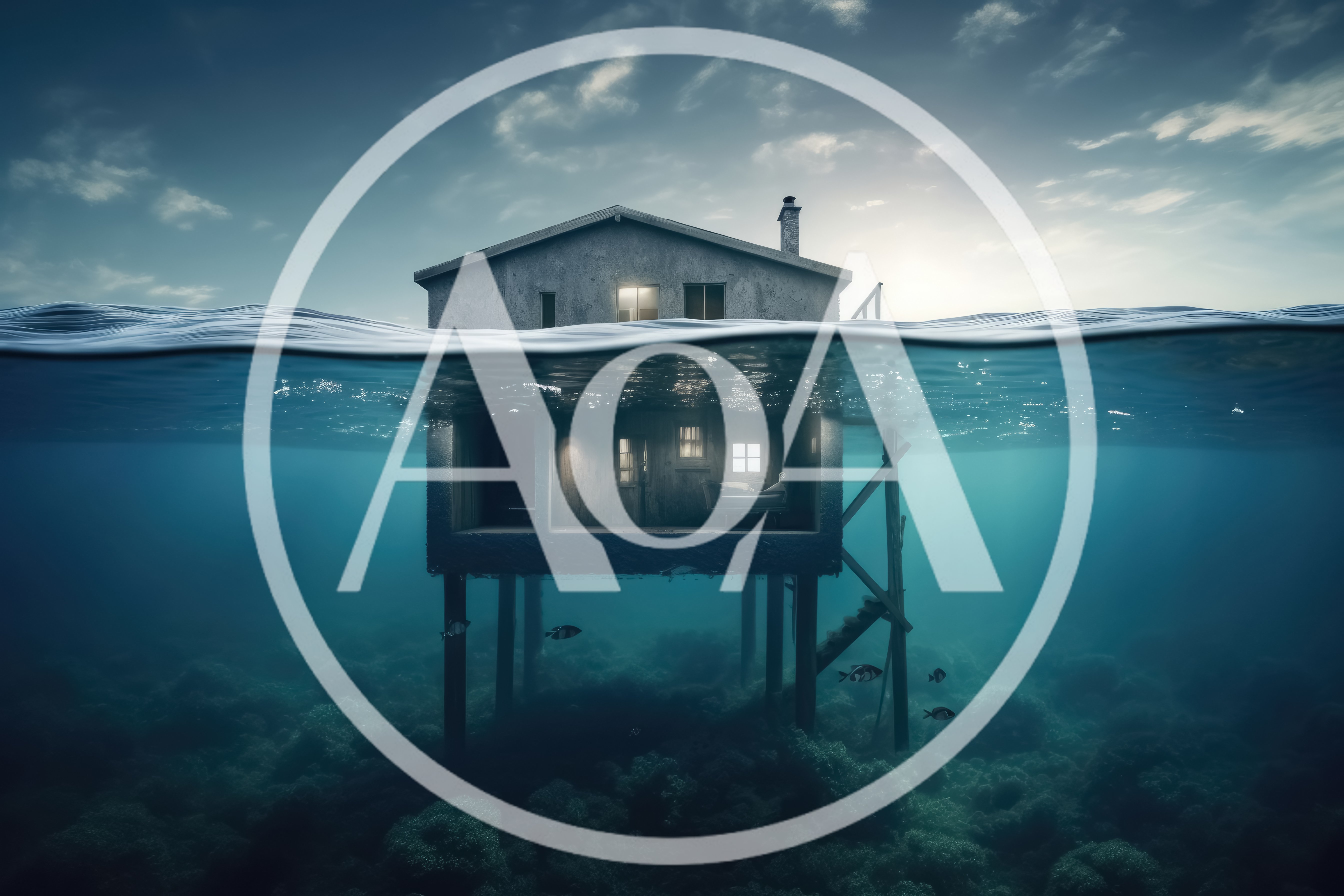 Surreal House Half Submerged In Deep Ocean Water