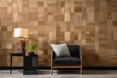 Modern Armchair With Lamp And Plant Against Wood Wall