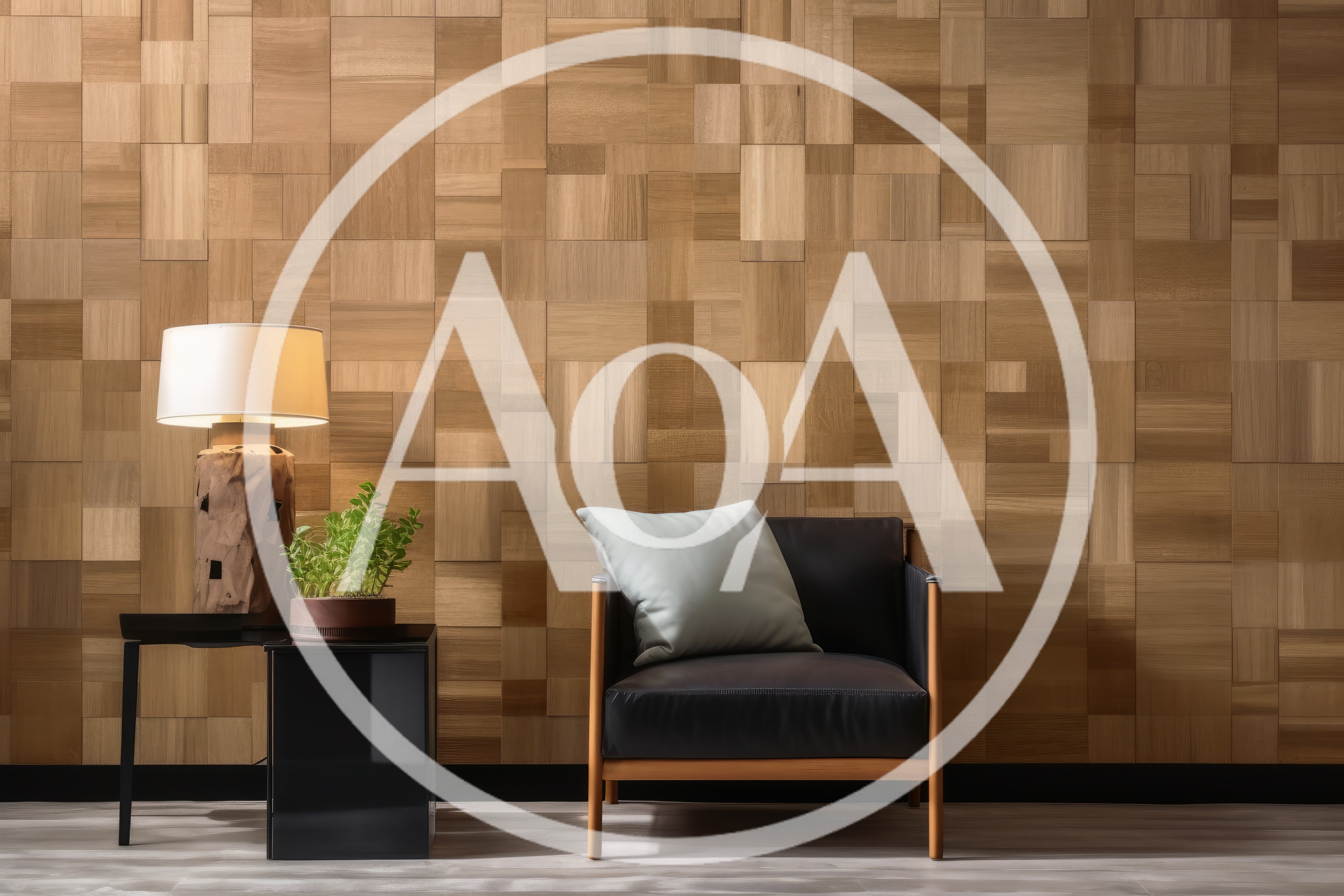 Modern Armchair With Lamp And Plant Against Wood Wall