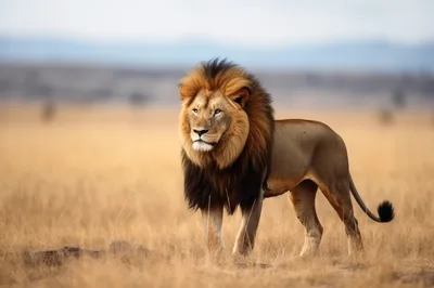 Majestic Male Lion Standing In The African Savanna