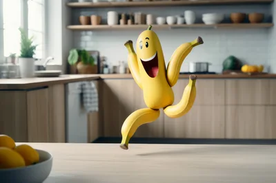 Cheerful Cartoon Banana Character Jumping In Kitchen
