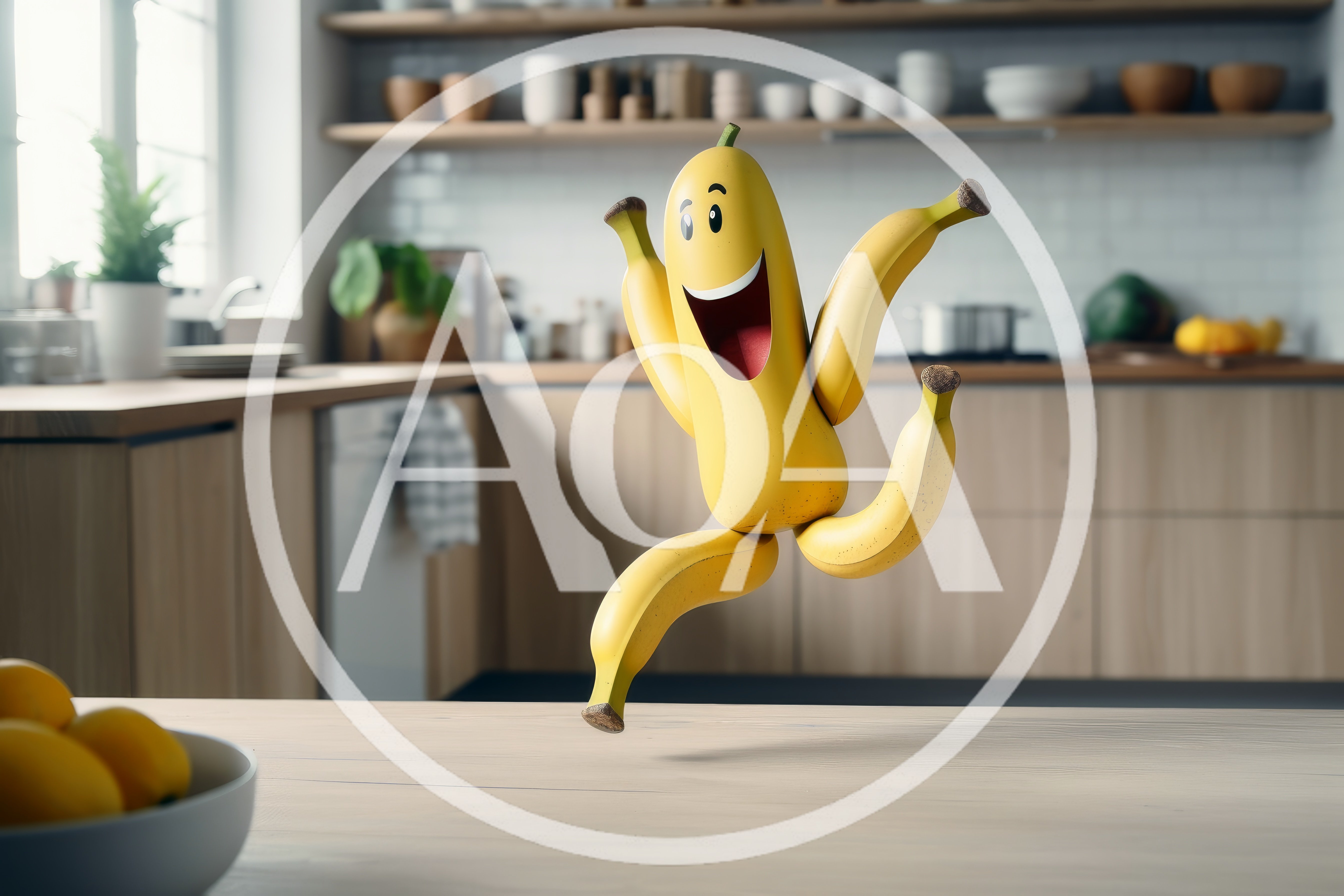 Cheerful Cartoon Banana Character Jumping In Kitchen