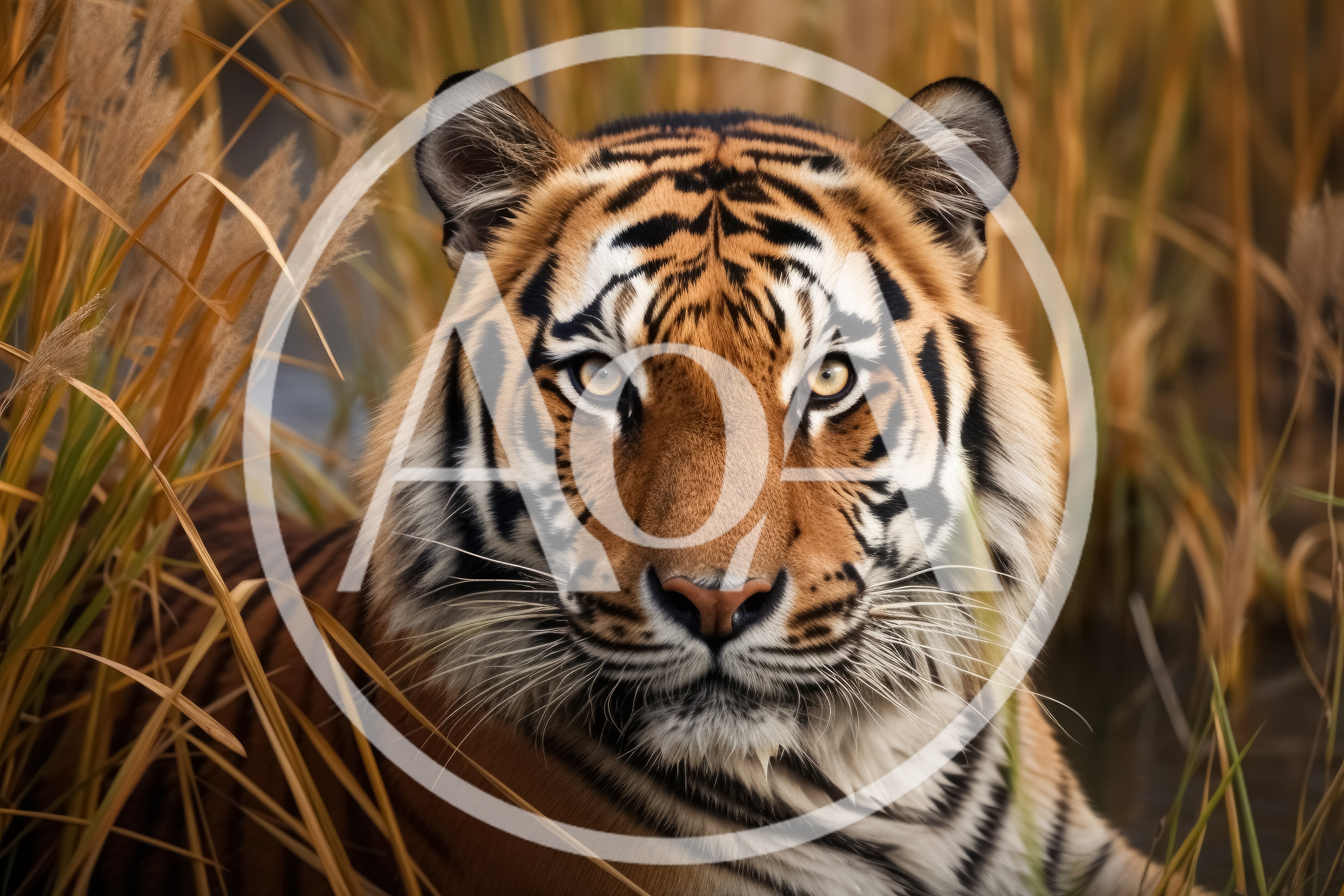 Majestic Tiger Staring Directly Into Camera In Tall Grass
