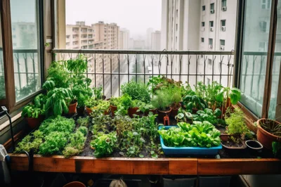 Urban Balcony Garden With Potted Herbs And Vegetables