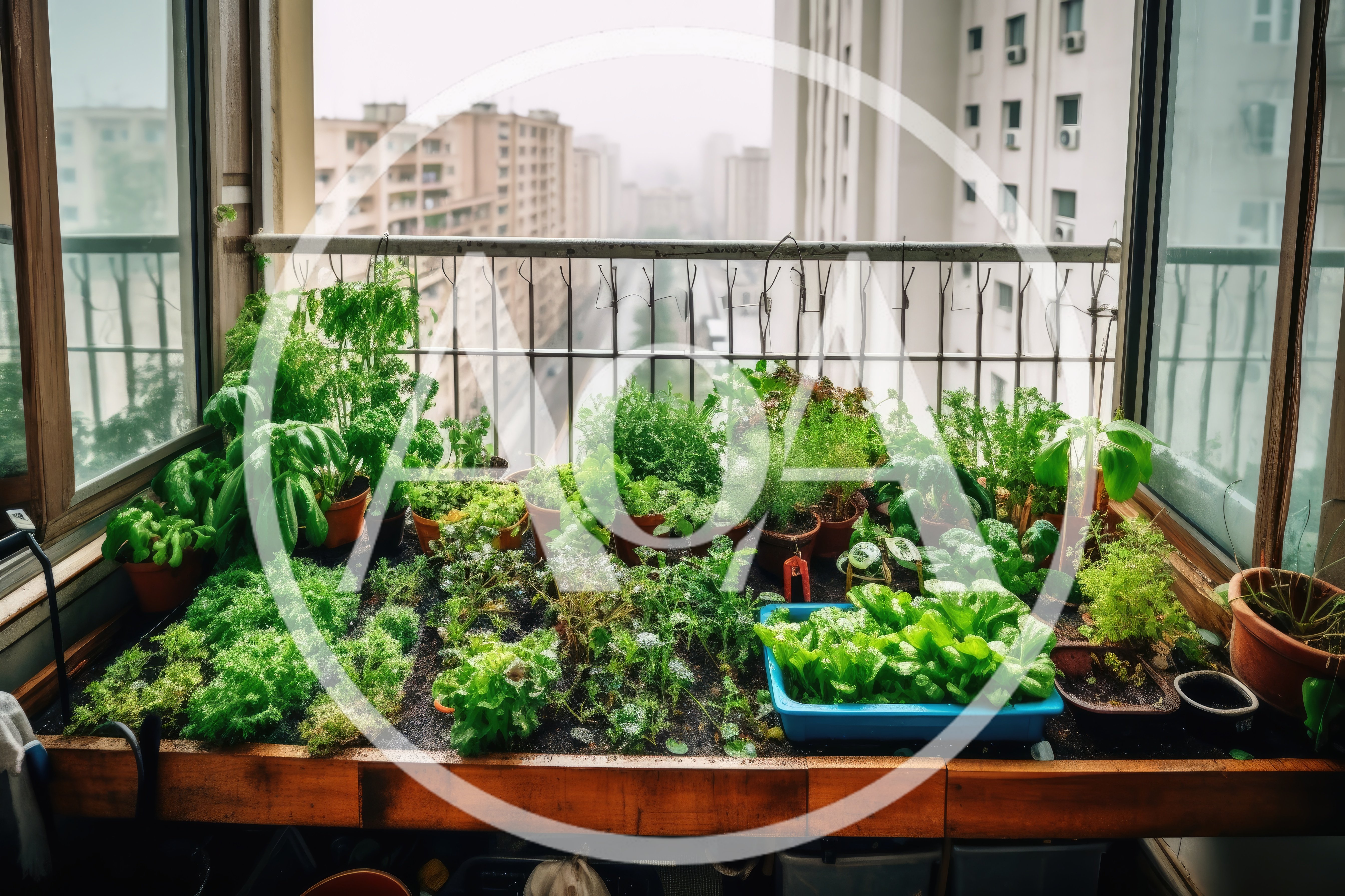 Urban Balcony Garden With Potted Herbs And Vegetables