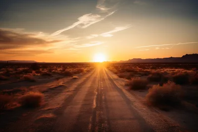 Empty Desert Road At Sunset With Golden Light