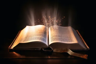Open Magical Book With Glowing Light And Floating Particles