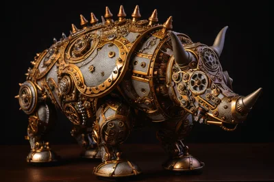 Steampunk Mechanical Rhino Sculpture On Dark Background