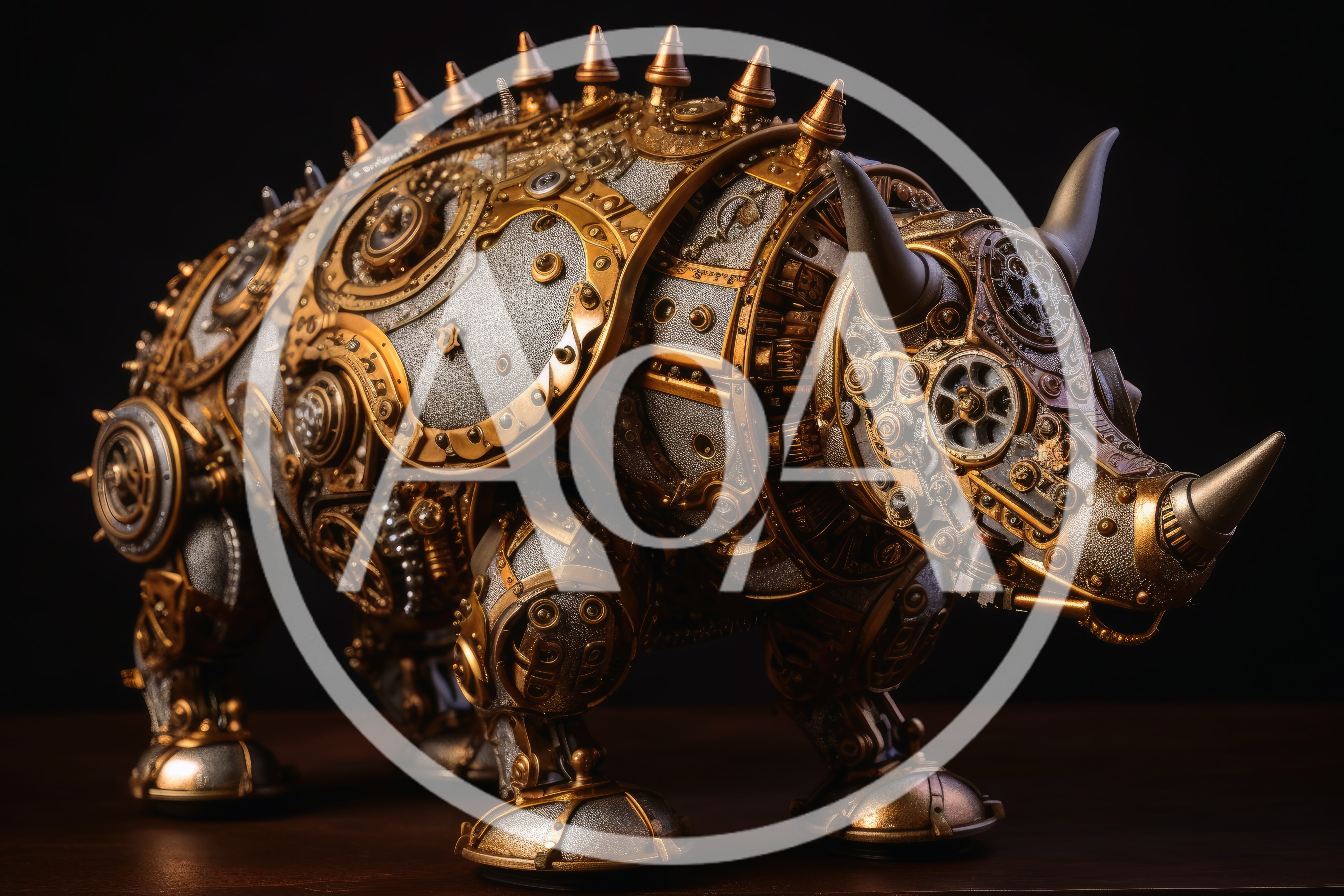 Steampunk Mechanical Rhino Sculpture On Dark Background