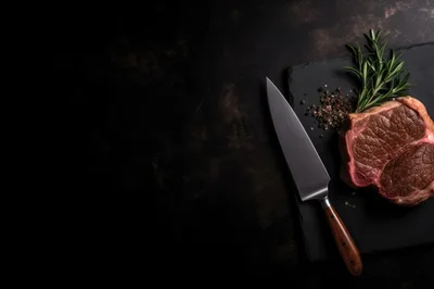 Raw Beef Steak With Rosemary And Knife On Slate