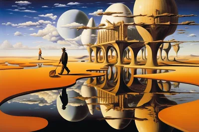 Surreal Desert Landscape With Figures And Abstract Architecture